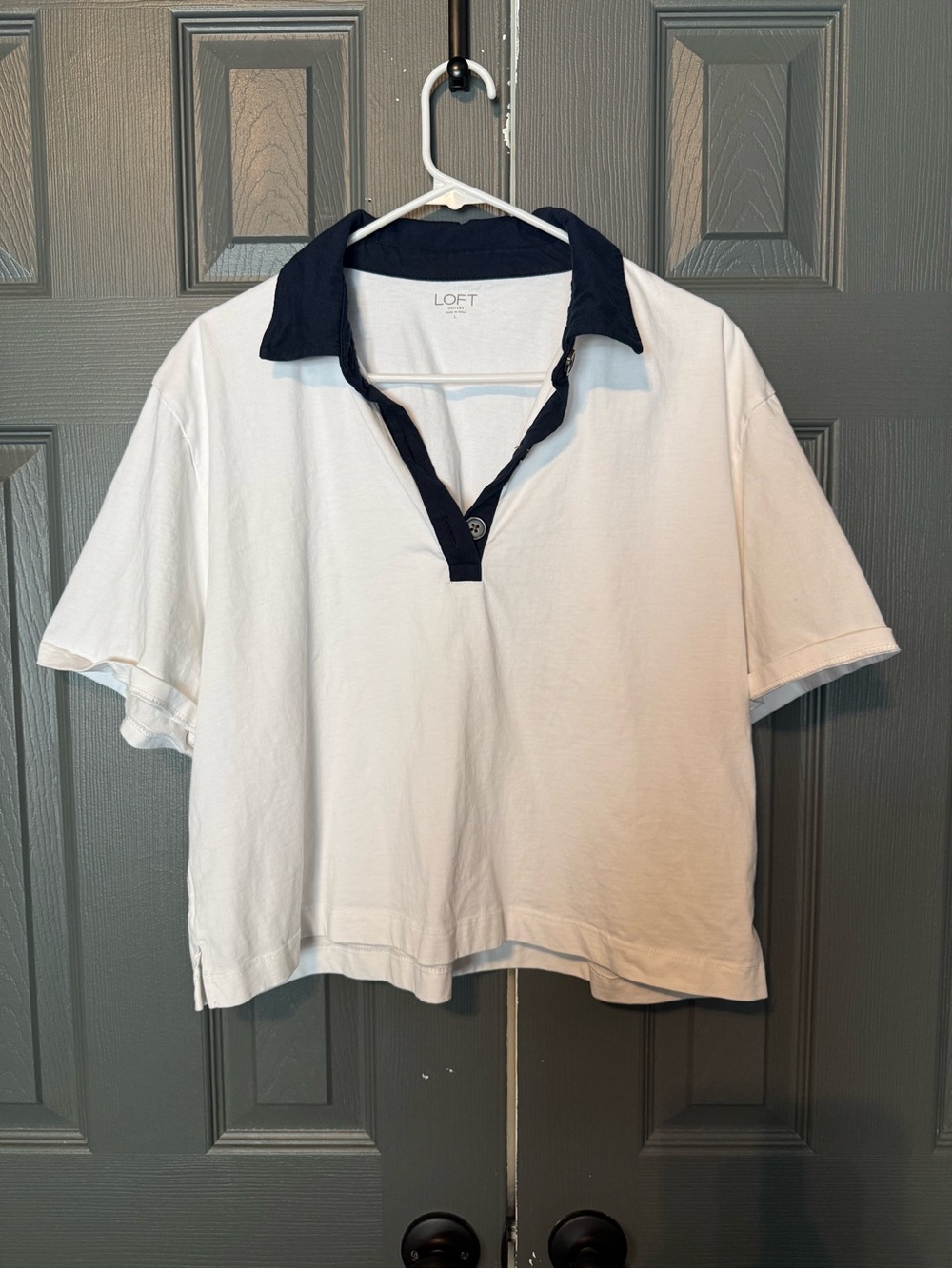 LOFT White Short Sleeve Polo Tee with Navy Collar